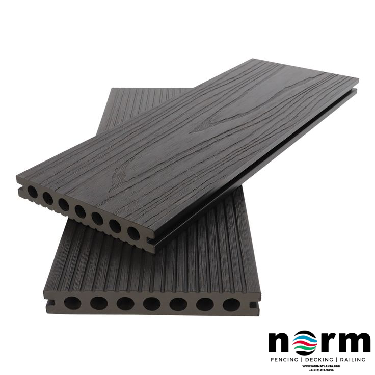 Close-up of composite decking board with realistic wood grain texture, ideal for outdoor use.