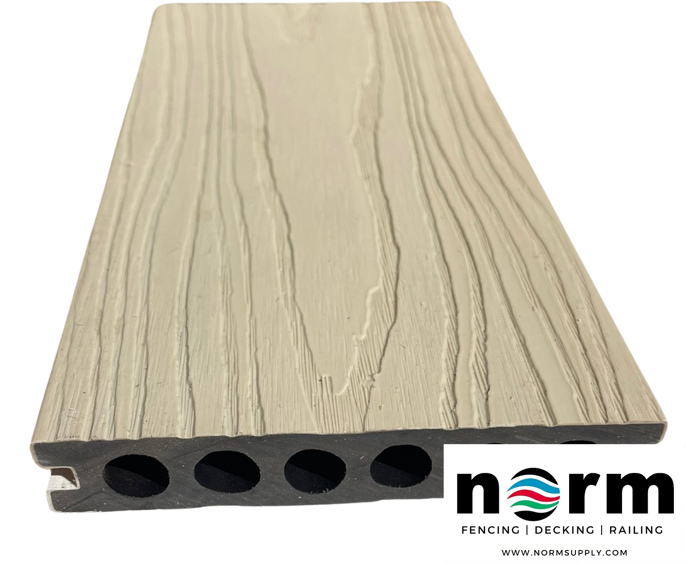 Close-up of Beige and White composite deck boards on display.