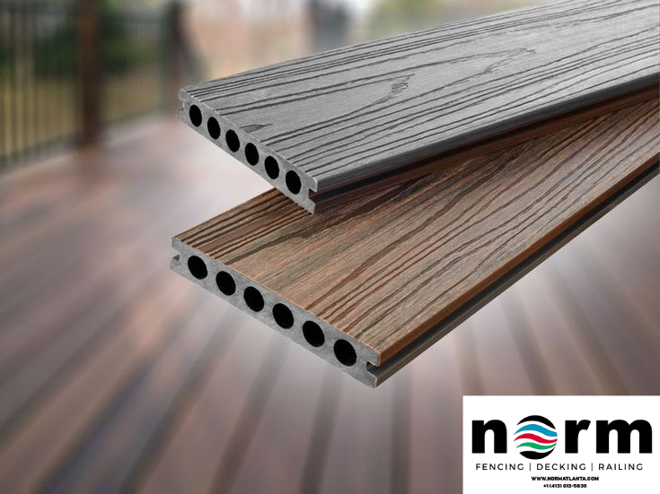 Double-sided composite deck board in Antique Wood and Teak colors