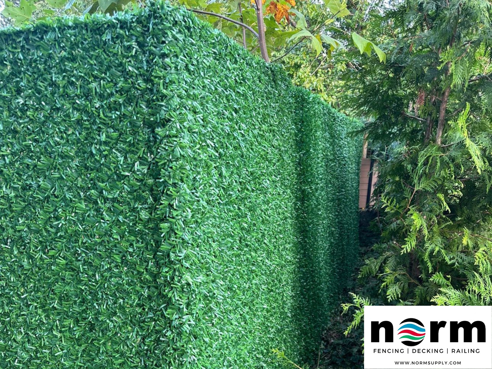 Artificial grass fence installed in a backyard for privacy