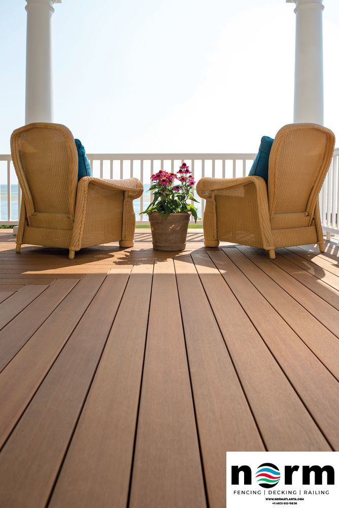 Teak composite deck boards near me installed in Atlanta backyard